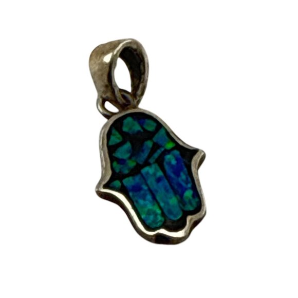 Sterling Silver Mosaic Opal Hamsa Hand Pendant Blue Green 1"  Signed 925 - Picture 3 of 8